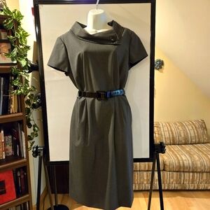 NWT, Charcoal Grey Tahari Sheath Dress, Unique Collar, Belted, Size 16